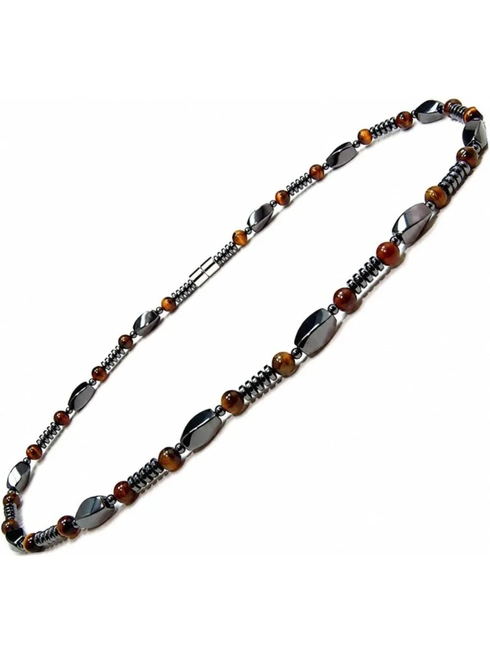 Men's Tiger Eye & Hematite Beaded Necklace - Natural Stone Jewelry, Magnetic